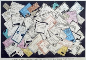 Wert der Assignaten und anderer Papiermünzen während der Französischen Revolution. 18. Jahrhundert. Musee Carnavalet, Paris von French School