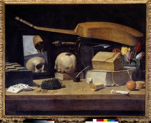 Vanitas Stillleben mit Kartenspiel, Instrument und Schädel von French School