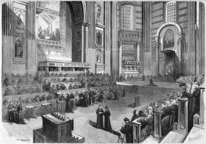 Erstes Vatikanisches Konzil (1869-1870): Erste Sitzung am 9. Dezember 1869 im rechten Teil des Querschiffs der Peterskirche in Rom. Gravur in „Le Monde Illustré“ Nr. 663 vom 25. Dezember 1869.
