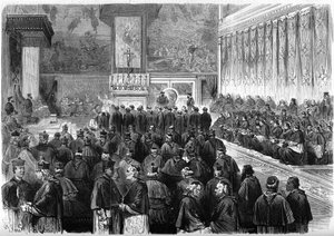 Erstes Vatikanisches Konzil (1869-1870): prosynodale Audienz in der Sixtinischen Kapelle in Rom. Papst Pius IX. (1792-1878) empfängt den Eid der Marschälle und Beamten des Konzils. Dezember 1869. Gravur in „Le Monde Illustré“ Nr. 662 vom 19. Dezember.