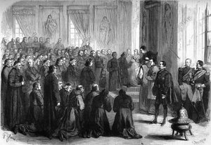 Erstes Vatikanisches Konzil (1869-1870): Papst Pius IX. (1792-1878) empfing in einer Generalaudienz die französischen Geistlichen, die den Bischöfen folgten von French School