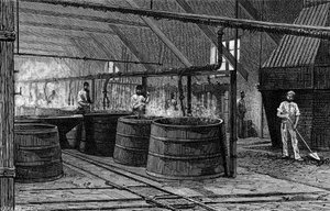 Fässer der Suffrice-Fabrik, die die Seine abschöpfen. Gravur in „Le Journal de la jeunesse“