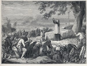 Vendée-Kriege (1793-1796): Priester feiert eine Messe unter einer Eiche für die aufständische Bevölkerung, die geschworene Priester ablehnt. Gravur von 1889. Private Sammlung