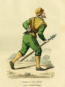 Veneur-Kostüm, zuständig für die Jagd auf gewöhnliche Hunde, im 17. Jahrhundert. Farbstich nach einer Zeichnung von Lechevaller-Chevignard, in „Frankreich und die Franzosen durch die Jahrhunderte“ von Augustin Challamel, F. Roy Herausgeber, Paris 1882. Sel von French School