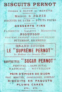 Rückseite mit Werbung für Biscuits Pernot, Fabriken in Dijon und Genf, Maison in Paris