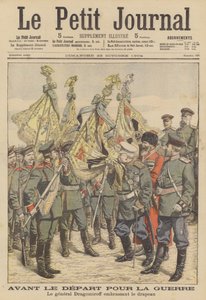 Der Veteranen-General Mikhail Dragomirov küsst die Fahne eines Regiments, das in den Russisch-Japanischen Krieg zieht