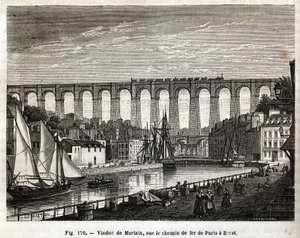 Viadukt von Morlaix, auf der Eisenbahnstrecke von Paris nach Brest (Frankreich). Gravur von Lebreton et Marchand, in „Les Merveilles de la Science“ von Louis Figuier (1819-1894), Jouvet et Cie Ausgabe von French School