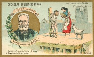 Victor Hugo, französischer Autor, und eine Szene aus seinem Roman Notre Dame de Paris von French School