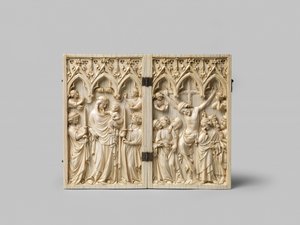 Vierge Glorieuse und Kreuzigungsdiptychon, Ebenholzrückseite ist später, 14. Jahrhundert