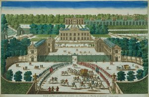 Ansicht und Perspektive des Eingangs zum Schloss von Marly, graviert von Antoine Aveline
