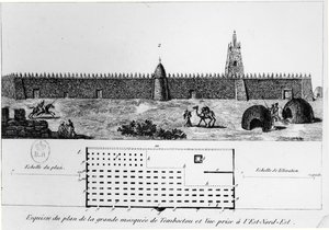 Ansicht und Plan der großen Moschee in Timbuktu, aus Journal dun voyage a Tombouctou von Rene Caillie, 1830