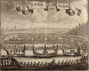 Ansicht von Ayutthaya mit königlichen Barken, aus Voyage du Siam des Peres Jesuites von Guy Tachard, 1688