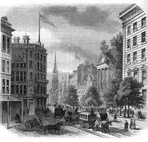 Ansicht von Broadway in New York. Gravur von 1862-1863