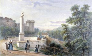 Ansicht von Schloss Dinan und der Statue von Duclos Pinot. Illustration des 19. Jahrhunderts im Museum von Dinan.