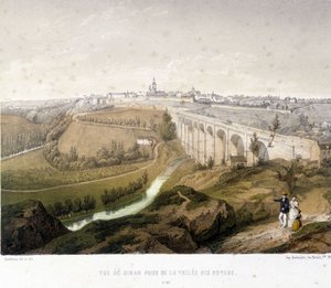 Ansicht von Dinan, das Viadukt und das Walnusstal. 19. Jahrhundert Illustration im Museum von Dinan. von French School