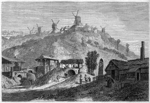 Ansicht von Montmartre im Jahr 1859, vor der Eingliederung in die Stadt Paris im Jahr 1860. Ansicht von der Ebene Saint Denis. Gravur in „Le Monde Illustré“ Nr. 141 vom 24. Dezember 1859. von French School