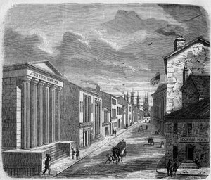 Ansicht von Wall Street, dem Bankenviertel, New York, New York. Vereinigte Staaten