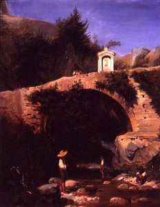 Ansicht einer Brücke und eines Flusses außerhalb von Rom von French School