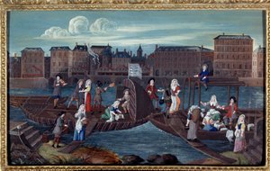 Ansicht eines Fischbootes und weißer Boote am Quai de la Megisserie in Paris von French School