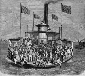 Ansicht eines Dampfers, der Verbindungen zwischen den Inseln und der Stadt New York herstellt. Gravur von French School