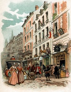 Ansicht einer Straße in Paris unter der Herrschaft von König Ludwig XV., Anfang des 18. Jahrhunderts