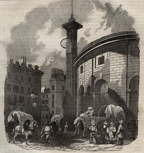 Ansicht der Halle au Blé in Paris (erbaut 1763-1769) und der Medici-Säule, Gravur Anfang des 19. Jahrhunderts - Weizen- und Maisbörse in Paris (erbaut 1763-1769), Gravur Anfang des 19. Jahrhunderts - Ansicht der Halle au Blé, platziert auf dem heutigen Hôt