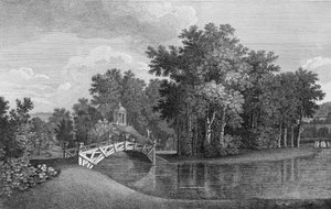 Ansicht der Brücke und des Venus-Tempels in den Gärten von West Wycombe, aus Jardins Anglo-Chinois à la Mode, von George Louis le Rouge, veröffentlicht 1770-87 von French School