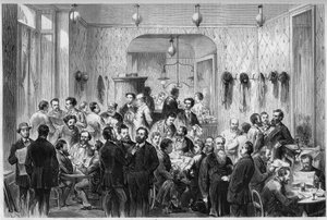 Ansicht des „Café du Levant“ in Genf, Treffpunkt für die Flüchtlinge der Pariser Kommune und der Lyoner Kommune. Von links nach rechts sind dargestellt: Masse, Sirdey, Andignous, Jules Frantz, Jules Moutils, Gaillard (Vater und Sohn), Perrare, J. Guesde, L von French School