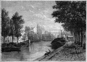 Ansicht des Canal Saint Martin in Paris vor den von Haussmann durchgeführten Umgestaltungen Mitte des 19. Jahrhunderts. Ansicht auf Höhe der Rue Saint Sebastien. Gravur in „Le Monde Illustré“ Nr. 233 vom 28. September von French School
