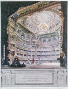 Ansicht des Théâtre de la Comédie-Française im Jahr 1790, nach einem Original von Gaudet und Prudent von French School