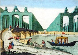 Blick auf die Gärten von Lord Hamilton in Richtung einer Brücke über die Themse bei London von French School
