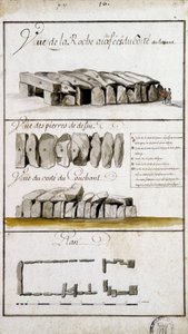 Ansicht der Roche aux Fées von der Ostseite, Ansicht der Steine von Defsu - in „Historische, topographische und natürliche Beschreibung der Bretagne“ von Robien