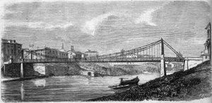 Ansicht der Sankt-Johannes-Brücke über den Tiber (Tevere) in Italien, eingeweiht 1863. Diese Stahlbrücke wurde von Alphonse Oudry (1819-1869) entworfen. Gravur in „Le Monde Illustré“ Nr. 349 vom 19. Dezember 1863. von French School