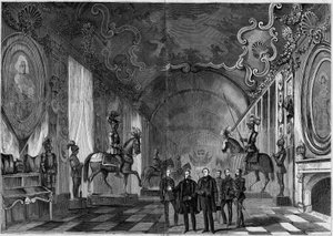 Ansicht des Waffensaals des Palastes von Turin (Italien) während des Besuchs von König Viktor Emanuel II. (1820-1878) und Prinz Napoleon (1822-1891)