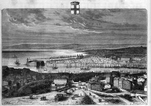 Ansicht der Stadt und des Hafens von Marseille. Gravur von 1880 in „La republique illustree“ private Sammlung von French School