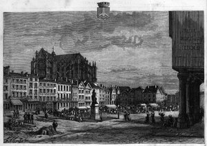 Ansicht der Stadt Beauvais in der Oise. Gravur von 1880 in „La republique illustree“ private Sammlung.