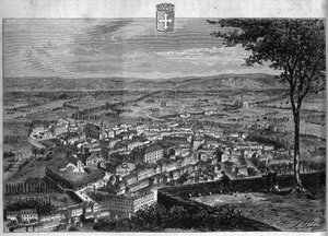Ansicht der Stadt Bourg im Ain. Gravur von 1880 in „La république illustrée“, private Sammlung. von French School