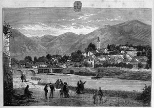 Ansicht der Stadt Digne in den Niederen Alpen. Gravur von 1880 in „La republique illustree“ private Sammlung.
