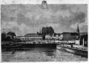 Ansicht der Stadt Troyes in der Morgenröte. Gravur von 1880 in „La republique illustree“ private Sammlung. von French School