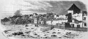 Ansicht des Stadtteils Kastrich in Mainz (Deutschland) nach der Explosion des Pulverfasses im Jahr 1857. Nach einer Fotografie. Gravur in „Le Monde Illustré“ Nr. 36 vom 19. Dezember 1857.