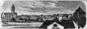 Ansicht des Stadtteils Kastrich in Mainz (Deutschland) vor der Explosion des Pulverfasses im Jahr 1857. Nach einer Fotografie. Gravur in „Le Monde Illustré“ Nr. 36 vom 19. Dezember 1857