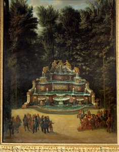 Ansicht des Brunnens des Wasserbuffets in den Gärten des Grand Trianon im Jahr 1713. Im Vordergrund: Ludwig XIV. bei der Promenade. Gemälde von Charles Chatelain. 18. Jahrhundert. Versailles, Schlösser von Versailles und Trianon