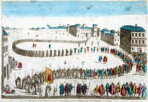Ansicht der großen Prozession des Selbst-Dafé, wo wir die von der Inquisition in Lissabon verurteilten Verbrecher sehen - Gravur von French School