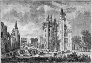 Ansicht der Restaurierungsarbeiten am Schloss Pierrefonds, organisiert von Eugene Viollet le Duc (Viollet-le-Duc), während des Besuchs von Napoleon III. und der Kaiserin Eugenie de Montijo. Oise (60)