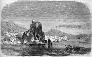 Ansicht der Felsen von „Charybde“ und „Scylla“ in der Meerenge von Messina, Sizilien von French School