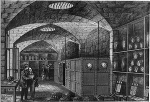 Ansicht der Straffung, die sich in den Kellern des Louvre befindet, wo das für Deutschland bestimmte Silber gelagert wird. Frankreich musste nach seiner Niederlage im Krieg von 1870 Entschädigung zahlen. Paris von French School