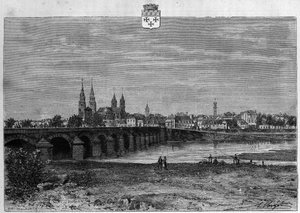 Ansicht der Stadt Moulins im Allier. Gravur von 1880 in „La république illustrée“ private Sammlung.