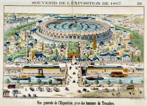 Ansicht der Weltausstellung vom Trocadero in Paris. 1867 Gravur. Paris, Karnevalmuseum