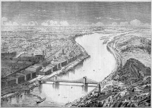 Ansichten der Stadt Pesth (Pest), Hauptstadt von Ungarn, im Jahr 1861, und der Szechenyi-Brücke oder Kettenbrücke, gebaut zwischen 1840 und 1849. Gravur in Le Monde Illustré Nr. 229 vom 31. August 1861