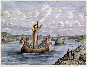Wikingerschiff - Drakkar - Normannische Schiffe auf einem Fluss - Gravur in „L